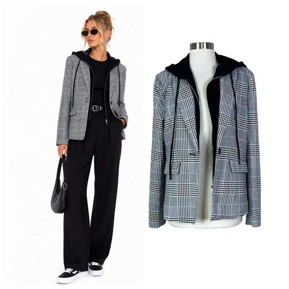 Evereve | Park Avenue Hoodie Dickie Black White Grey Plaid Blazer Jacket Large L - Picture 1 of 9